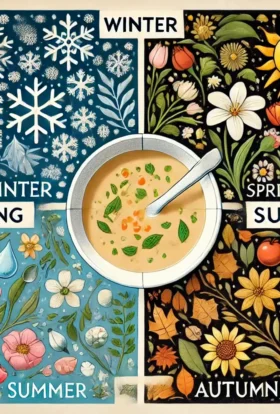 A picture depicting the four seasons of the year with a bowl of soup in the centre