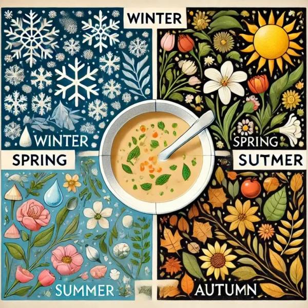 A picture depicting the four seasons of the year with a bowl of soup in the centre