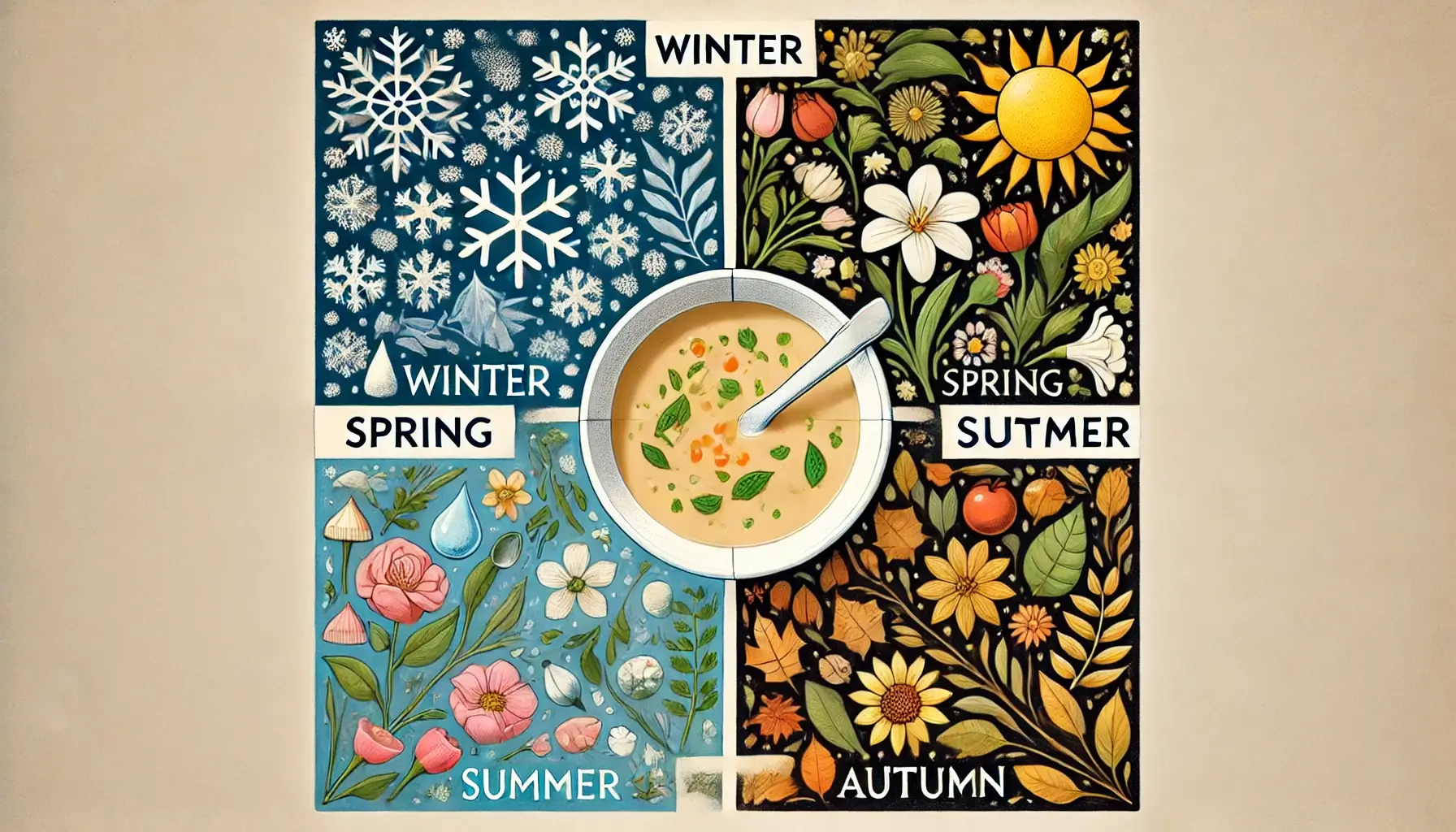 A picture depicting the four seasons of the year with a bowl of soup in the centre