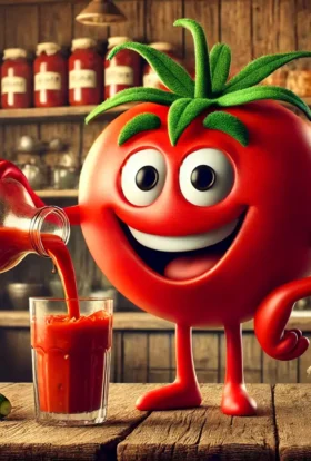 A picture of a cartoon tomato standing on a table in a farmhouse pouring a glass of tomato juice