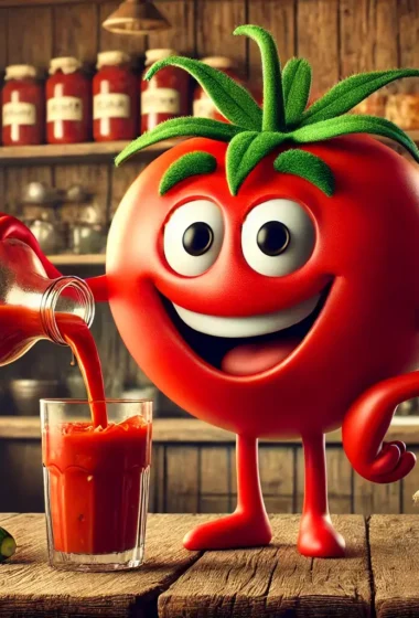 A picture of a cartoon tomato standing on a table in a farmhouse pouring a glass of tomato juice