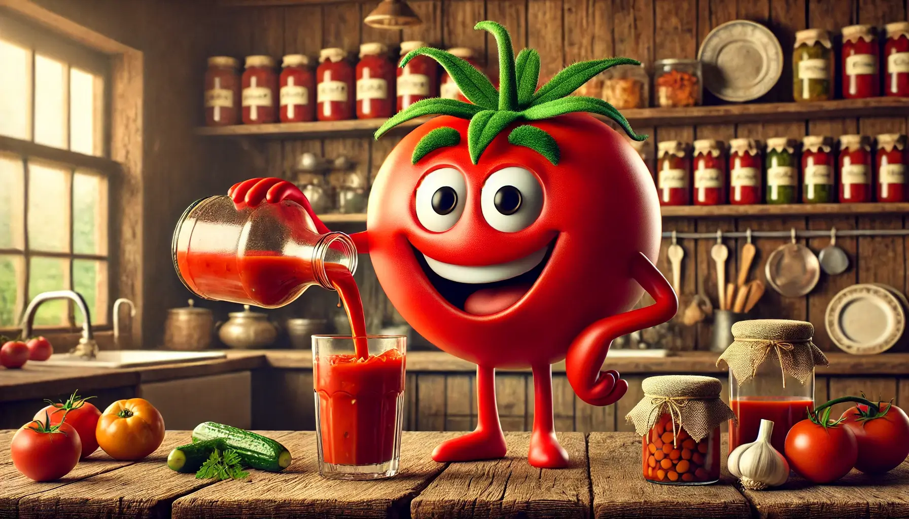 A picture of a cartoon tomato standing on a table in a farmhouse pouring a glass of tomato juice