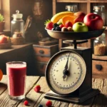 A picture of a smoothie on a table next to a weighing scale containing fruit