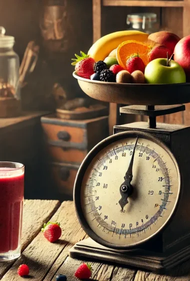 A picture of a smoothie on a table next to a weighing scale containing fruit