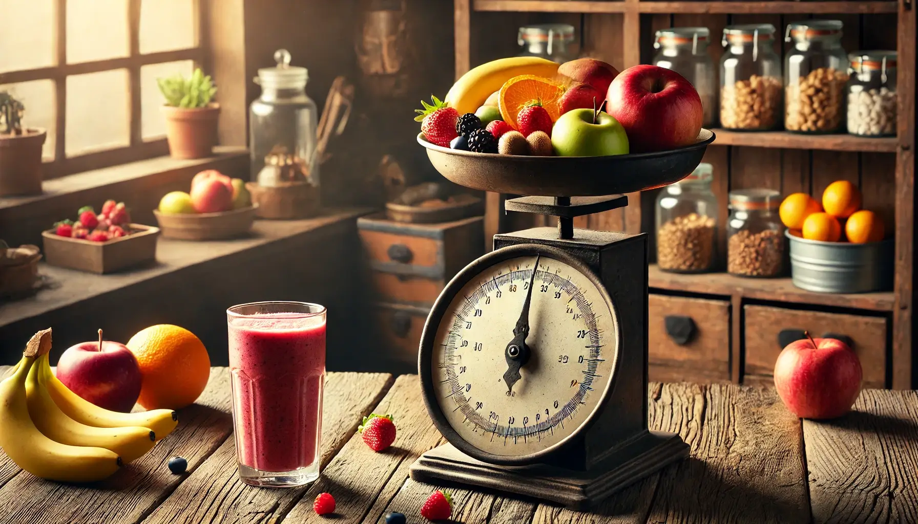 A picture of a smoothie on a table next to a weighing scale containing fruit